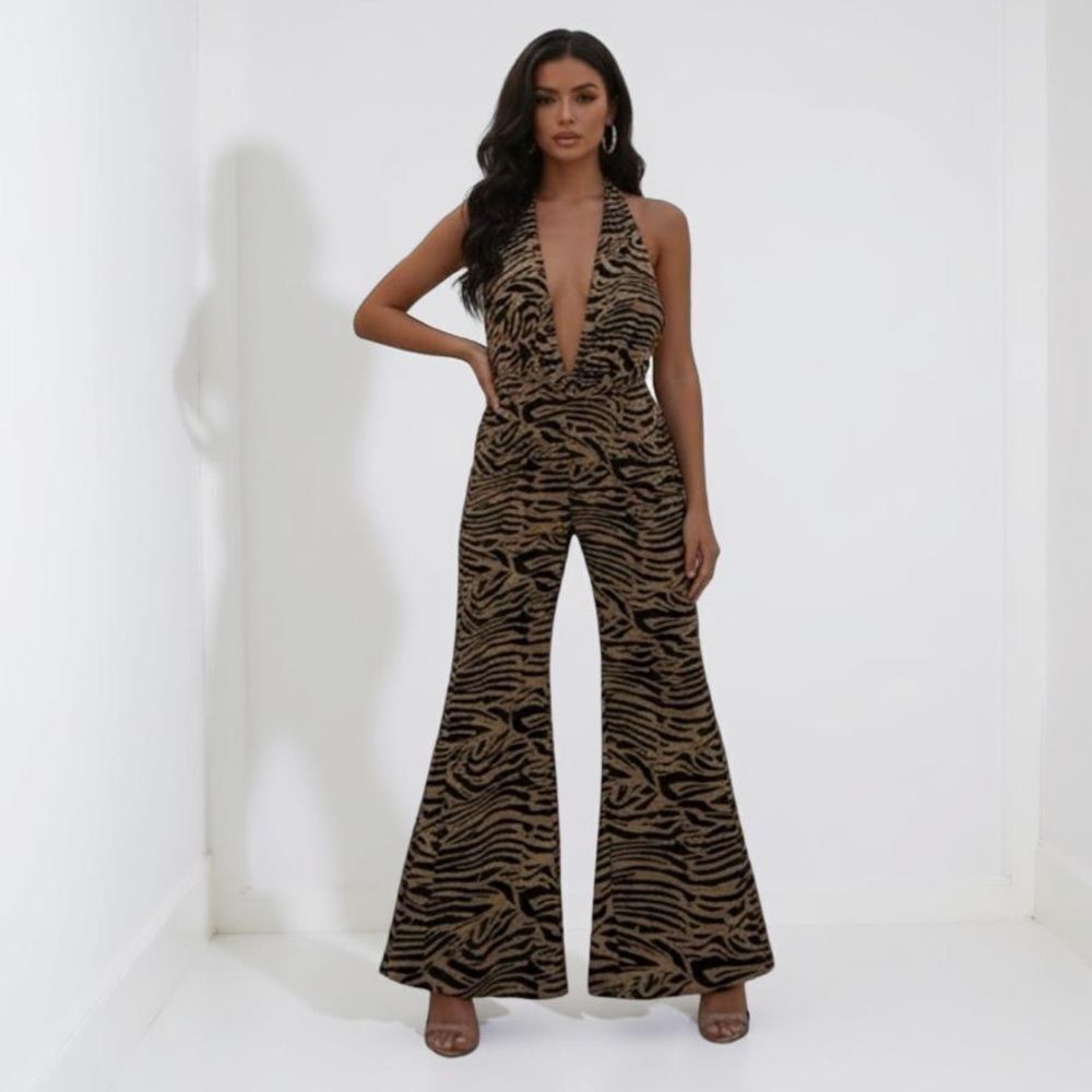 🛍️ PRETTY LITTLE THING Black Brown Sheer Velvet Zebra Print Halter Jumpsuit XS